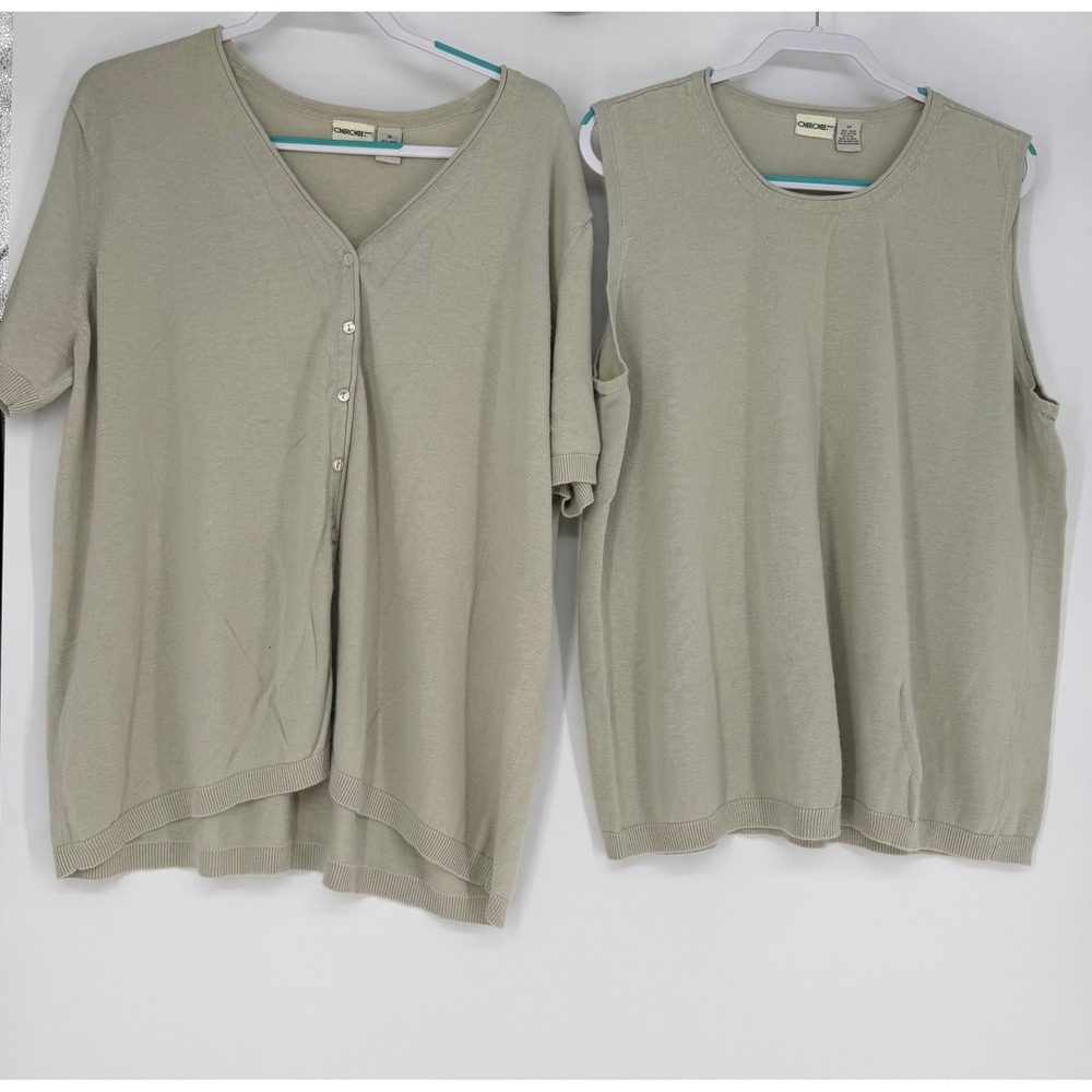 Cherokee Twin Set Womens 3X 2X Sage Green Ramie Cotton Cardigan Shell Classic